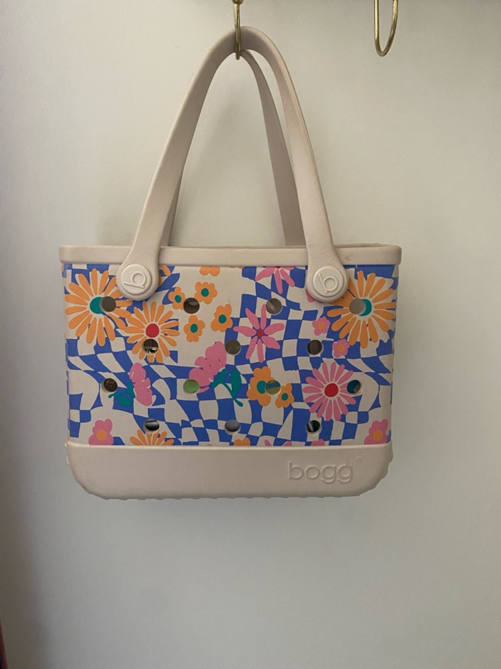 BOGG BAG Pink Floral Check Tote with Blue Accents